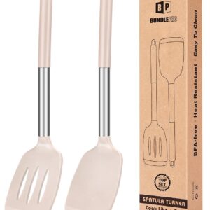 Pack of 2 Silicone Solid Turner, Non Stick Slotted Kitchen Spatulas, High Heat Resistant BPA Free Cooking Utensils, Ideal Cookware for Fish, Eggs, Pancakes(Stainless Steel Khaki)