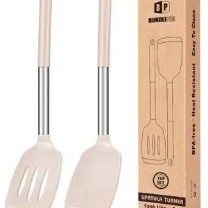 Pack of 2 Silicone Solid Turner, Non Stick Slotted Kitchen Spatulas, High Heat Resistant BPA Free Cooking Utensils, Ideal Cookware for Fish, Eggs, Pancakes(Stainless Steel Khaki)