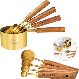 Metal 8-Piece Gold Measuring Cups and Spoons Set with Fragrant Long Wood Handles - Complete Kitchen Baking Cooper Measuring Tools for Cooking and Baking